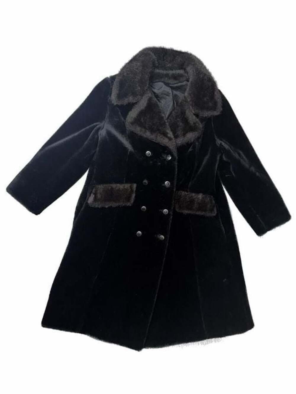 Vintage Black Faux Fur Double Breasted Coat with Fur Collar and Pocket Flaps